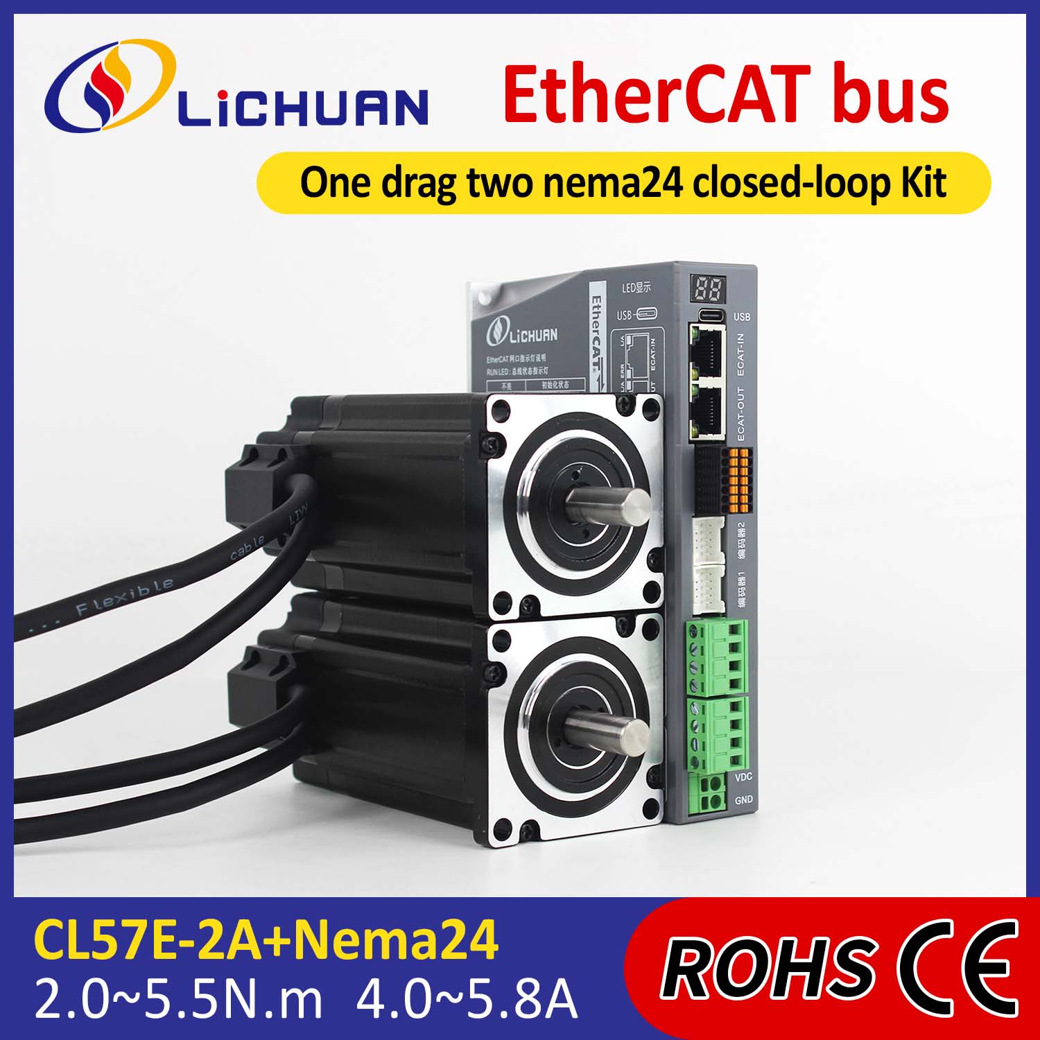 EtherCAT 2Phase Nema24 2-Axis DC Closed Loop Stepper Motor Drivers Kit