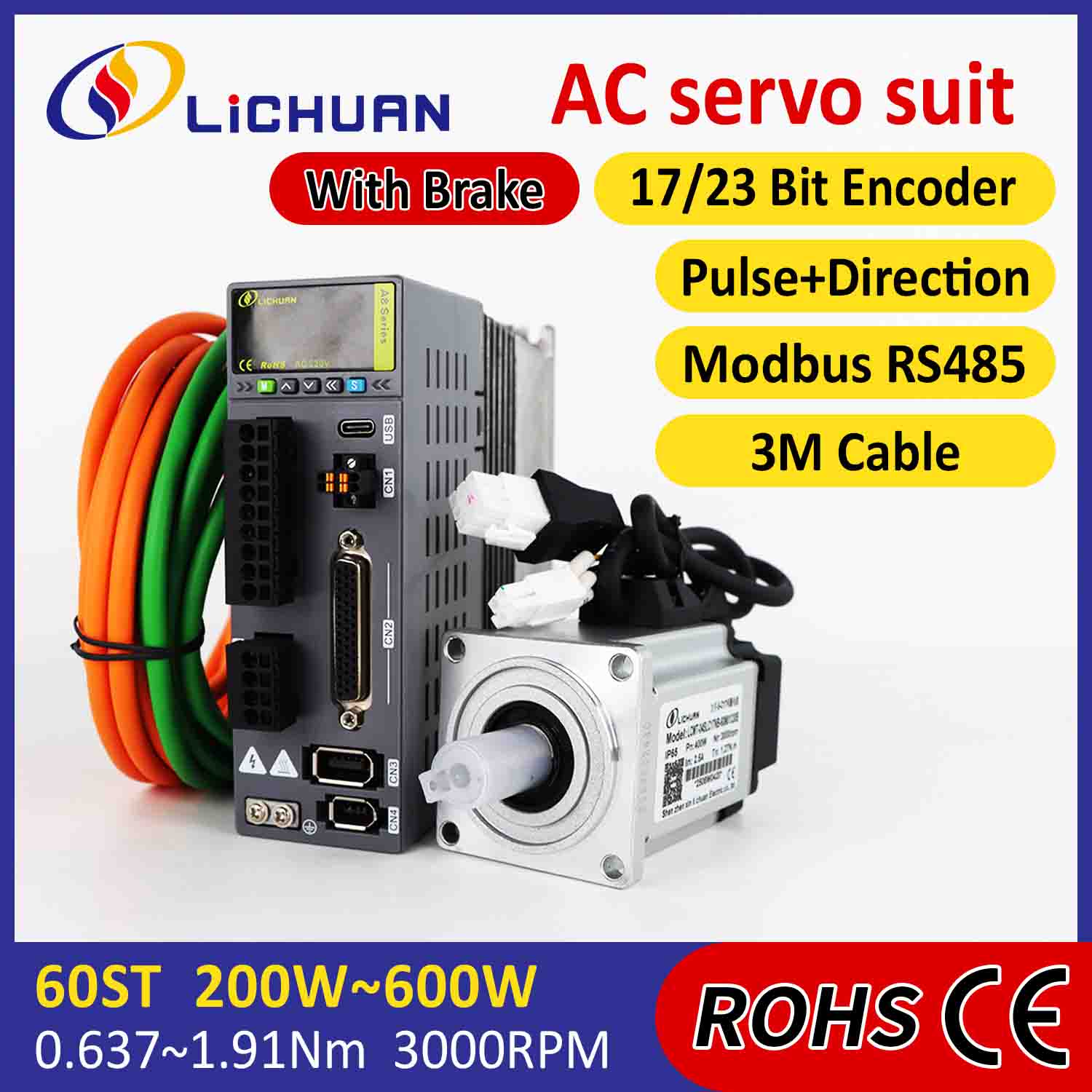 Lichuan AC Servo Motor Drivers Kit A8 High Accuracy STO ABZ 400W 1.27N.m 220V 2.5A 3000RPM IP65