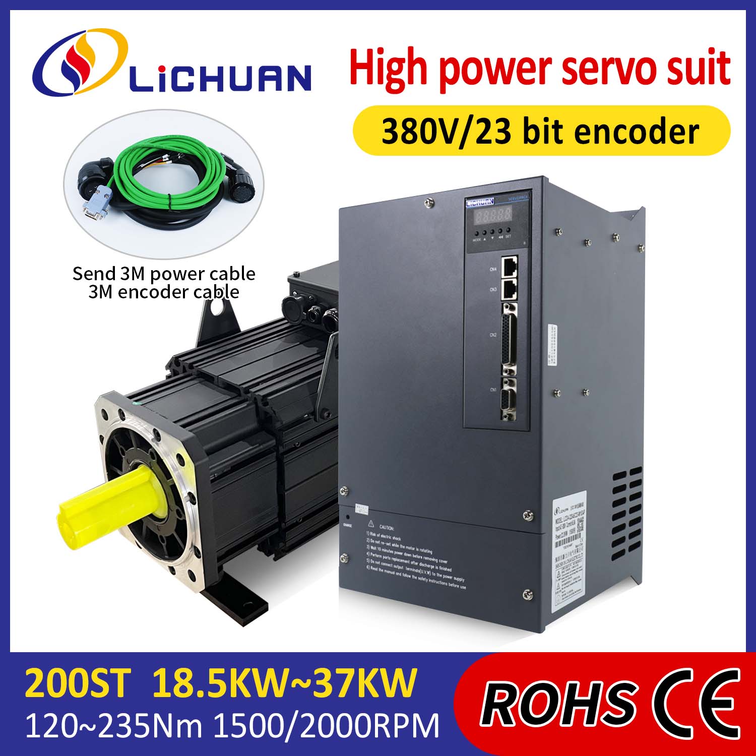 Lichuan AC Servo Motor Drivers Kit HIGH POWER 140N.m 22KW AC380V 44.7A 1500/2000RPM IP65