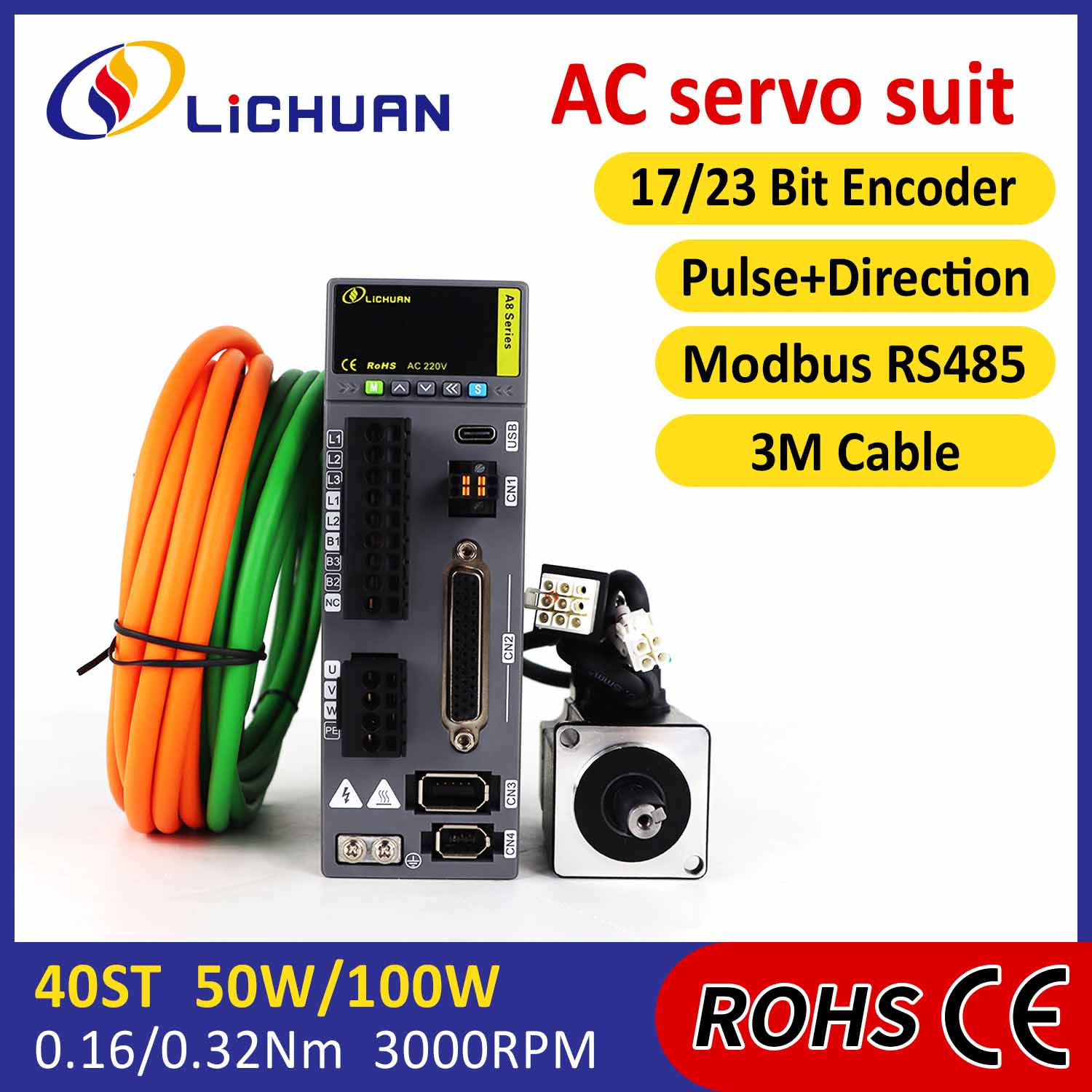 Pulse/RS485 50W/100W 2500/3000RPM A8 High Accuracy STO ABZ AC Servo Motor Drivers Kit