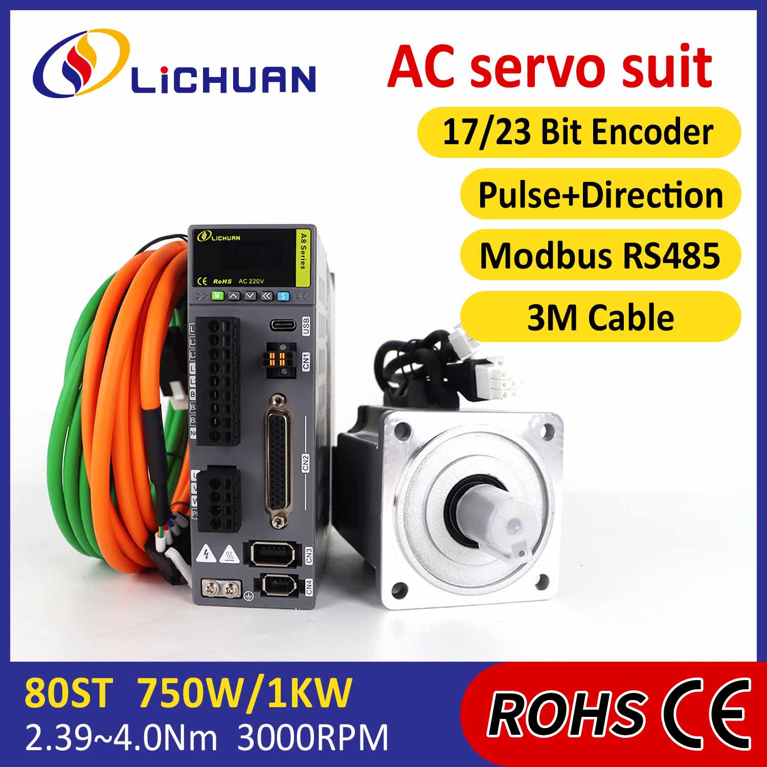 Pulse/RS485 750W/1000W/1001W 2500/3000RPM A8 High Accuracy STO ABZ AC Servo Motor Drivers Kit