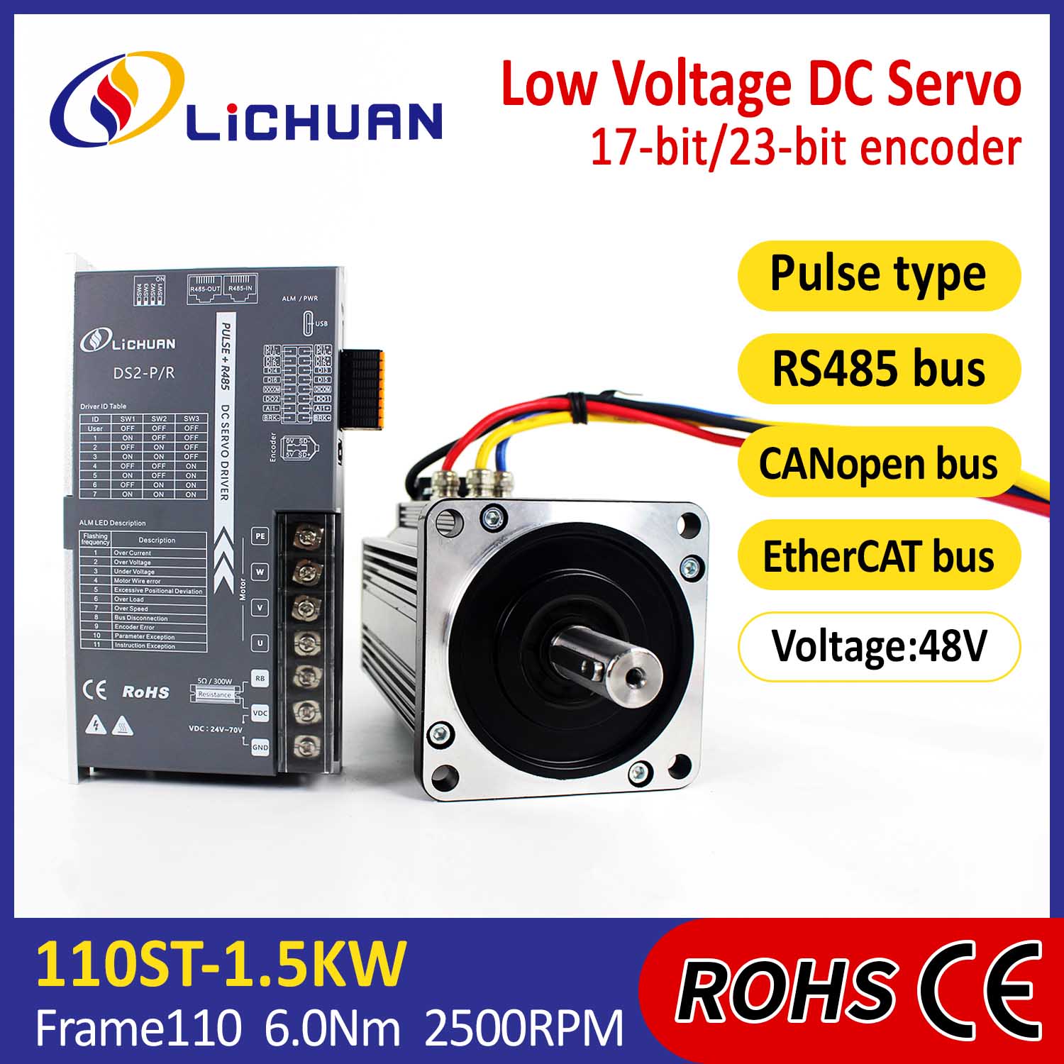 Pulse/RS485/CANopen/EtherCAT 110 FLANGED 1.5KW/1500W Low Voltage DC Servo Motor Drivers Kit