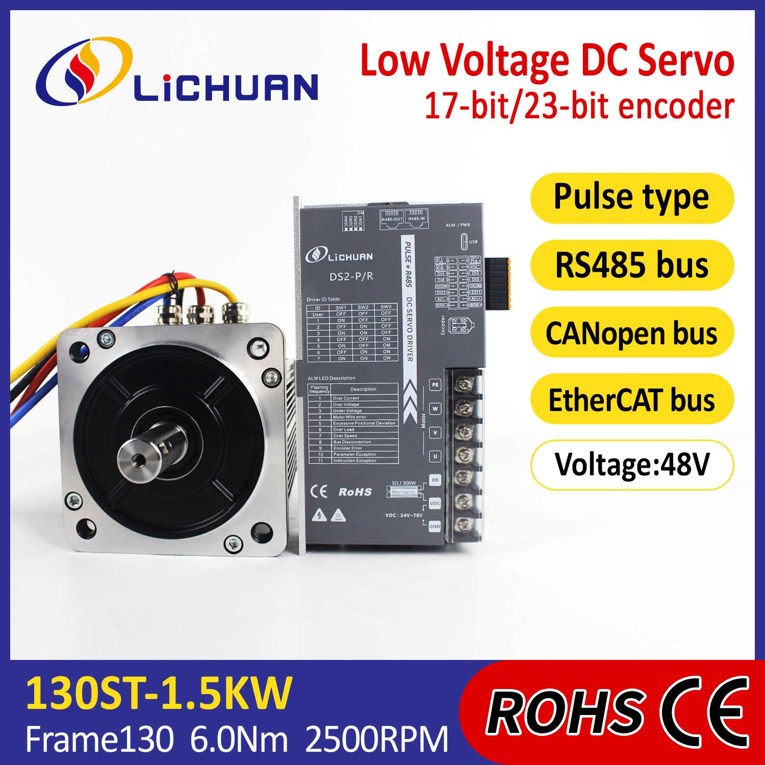 Pulse/RS485/CANopen/EtherCAT 130 FLANGED 1.5KW/1500W Low Voltage DC Servo Motor Drivers Kit
