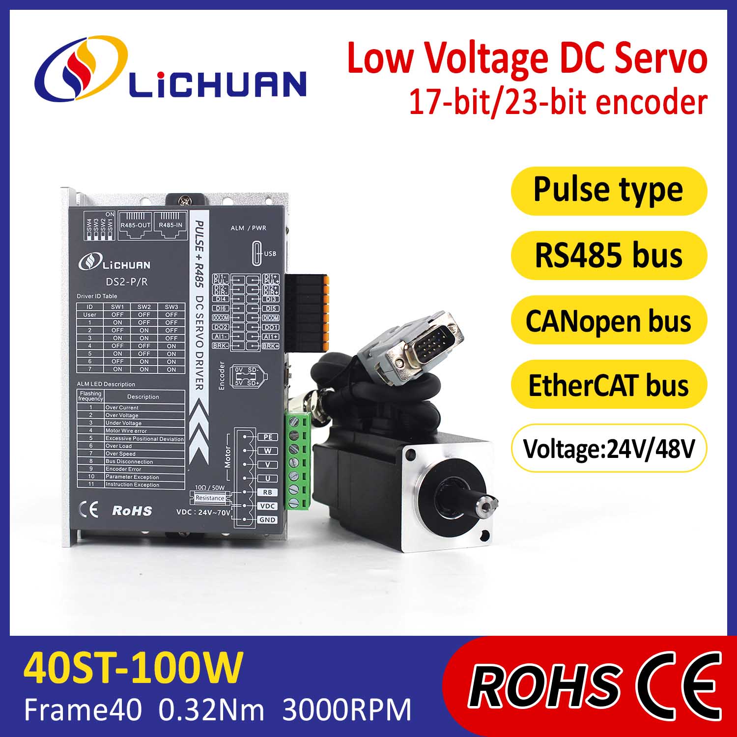 Pulse/RS485/CANopen/EtherCAT 40 FLANGED 100W Low Voltage DC Servo Motor Drivers Kit