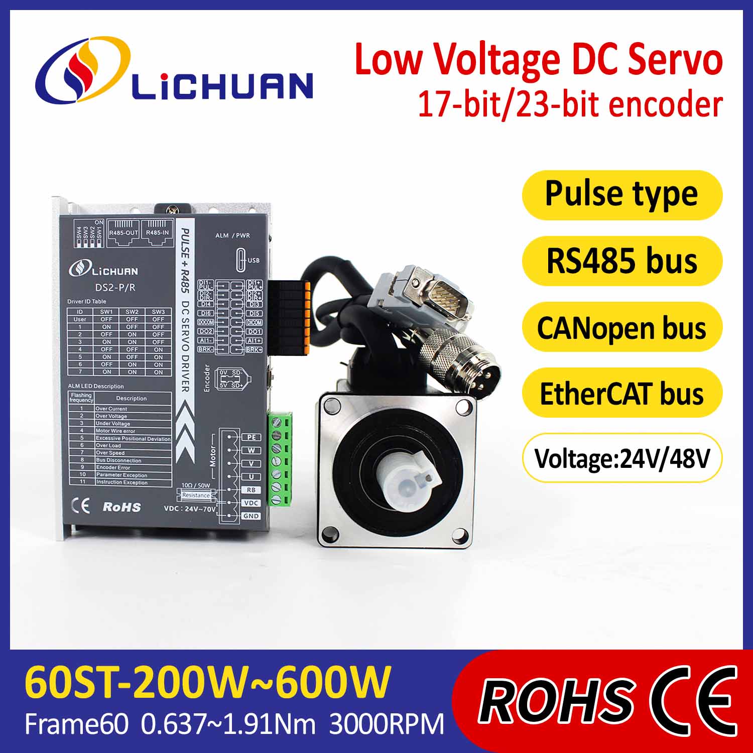 Pulse/RS485/CANopen/EtherCAT 60 FLANGED 200W/400W/600W Low Voltage DC Servo Motor Drivers Kit