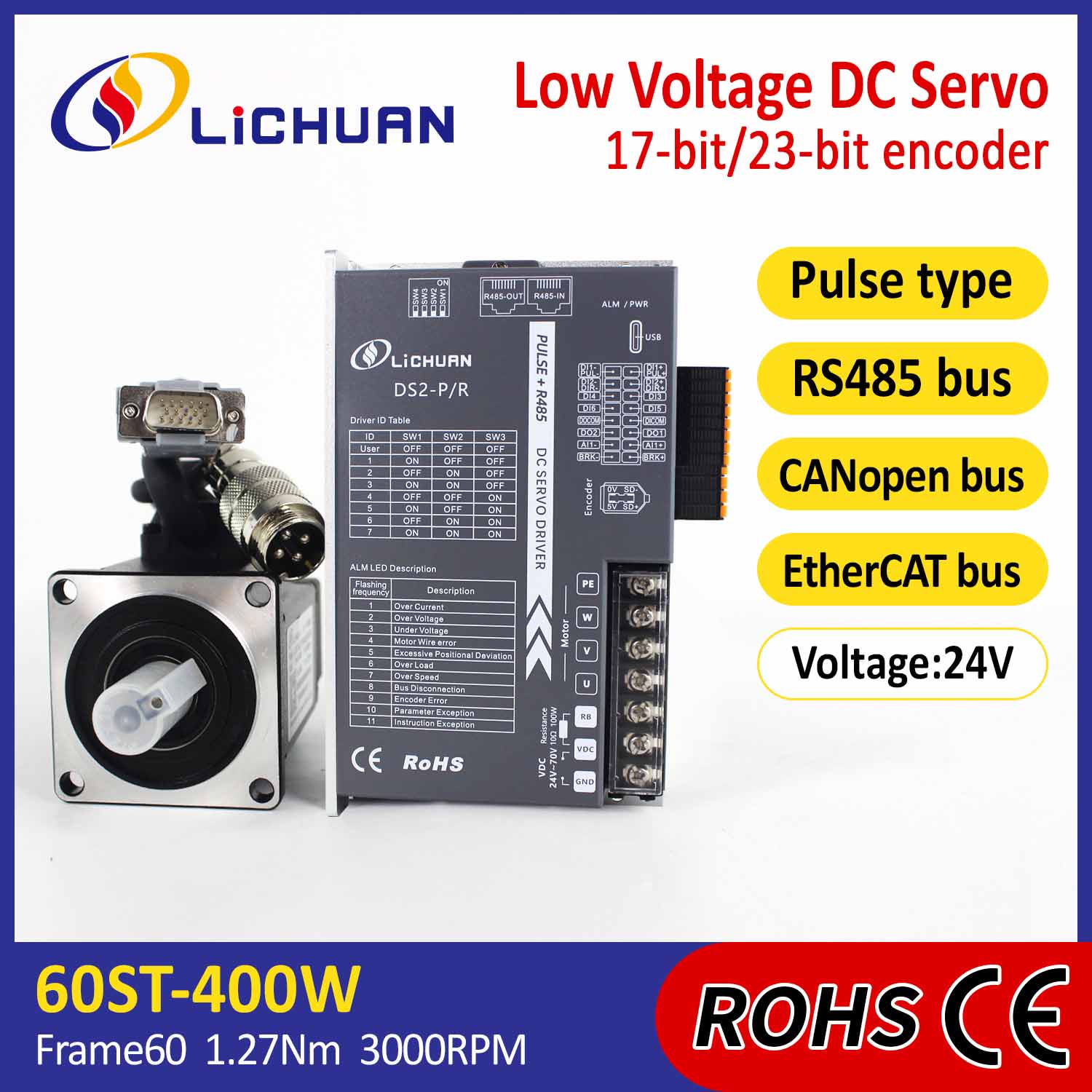 Pulse/RS485/CANopen/EtherCAT 60 FLANGED 400W Low Voltage DC Servo Motor Drivers Kit